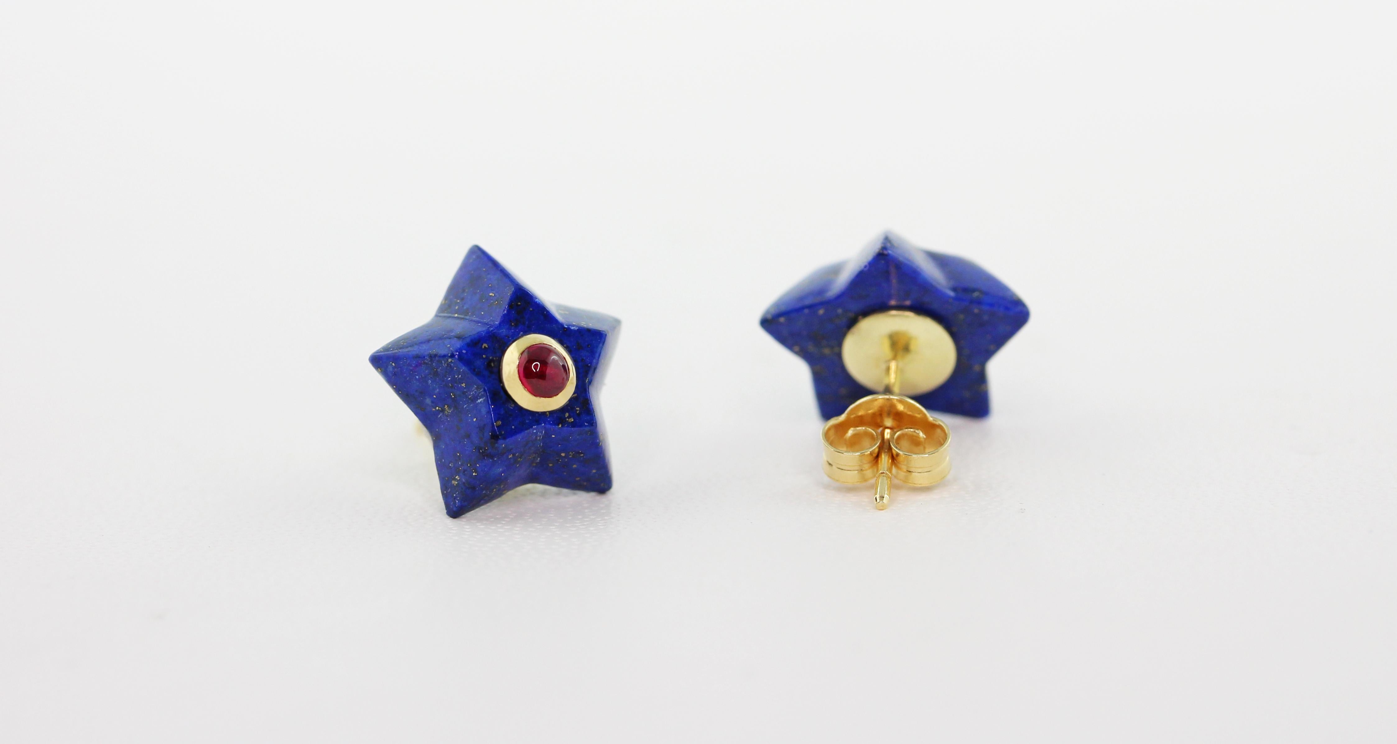 Cabochon 18 Karat Yellow Gold Stars Lapis Lazuli Rubies Stud Earrings