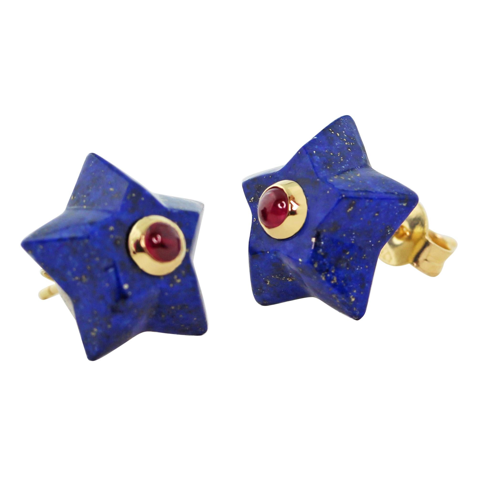 18 Karat Yellow Gold Stars Lapis Lazuli Rubies Stud Earrings For Sale