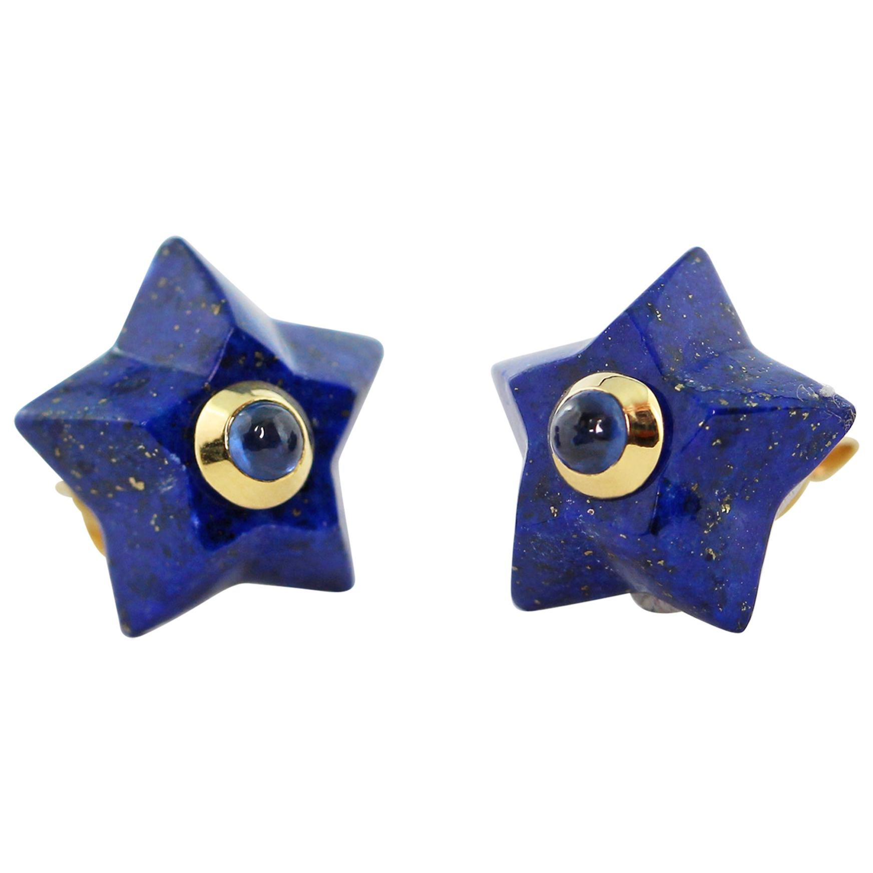 18 Karat Yellow Gold Stars Lapis Lazuli Sapphires Stud Earrings