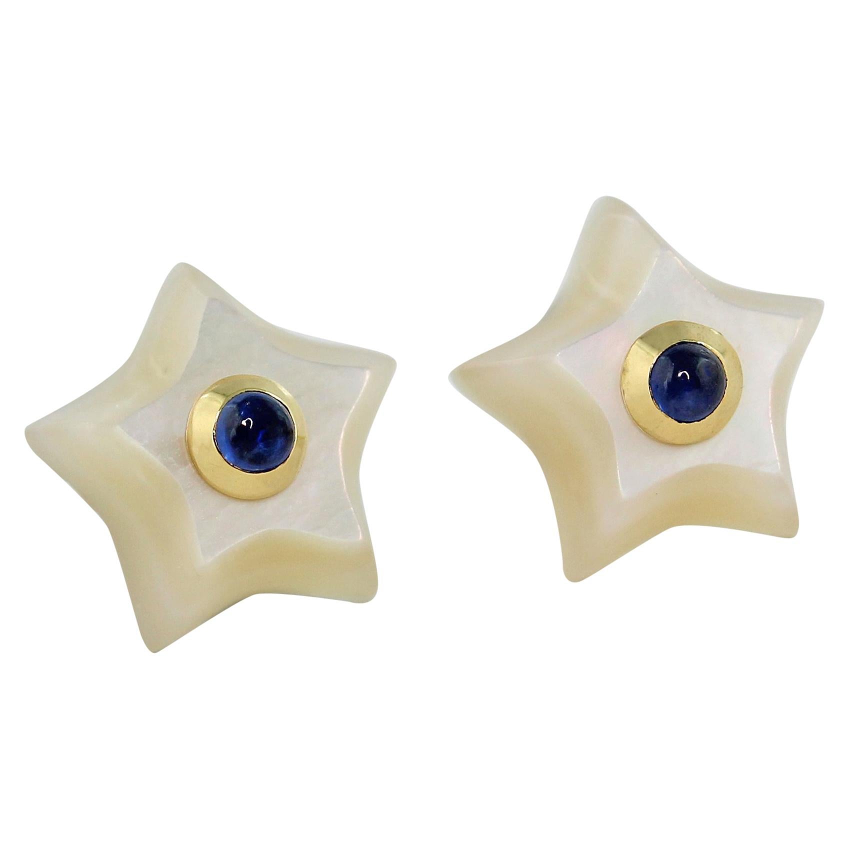 18 Karat Yellow Gold Stars Mother of Pearl and Sapphires Stud Earrings