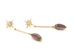 18 Karat Yellow Gold Stars with Diamonds and Amethyst Scarab Drop Earrings