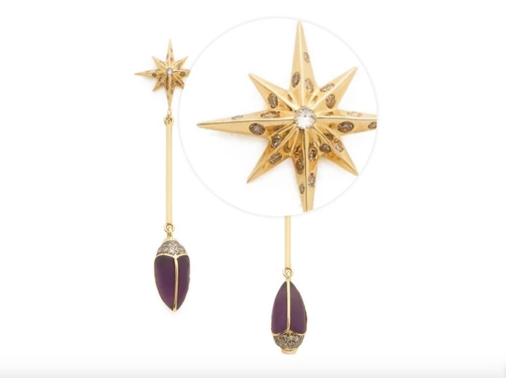 Contemporary 18 Karat Yellow Gold Stars with Diamonds and Amethyst Scarab Drop Earrings For Sale