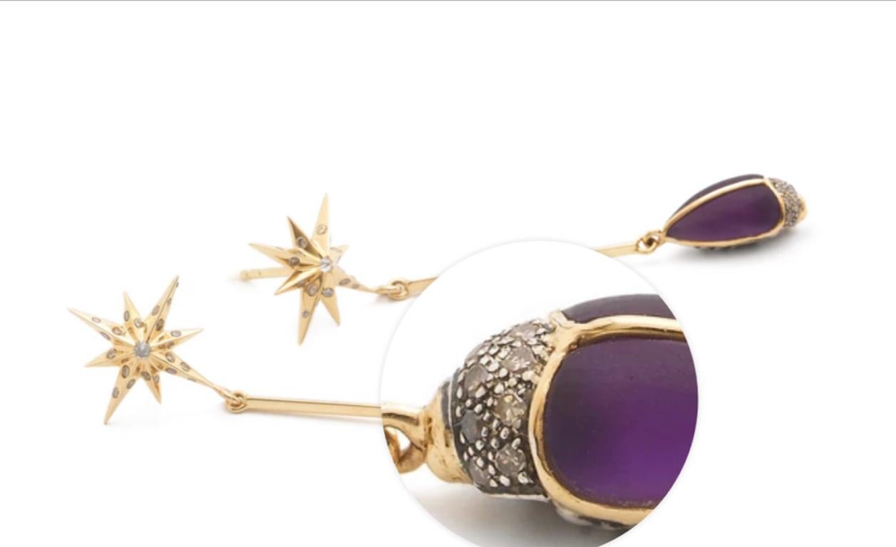 18 Karat Yellow Gold Stars with Diamonds and Amethyst Scarab Drop Earrings In New Condition For Sale In Amsterdam, NL