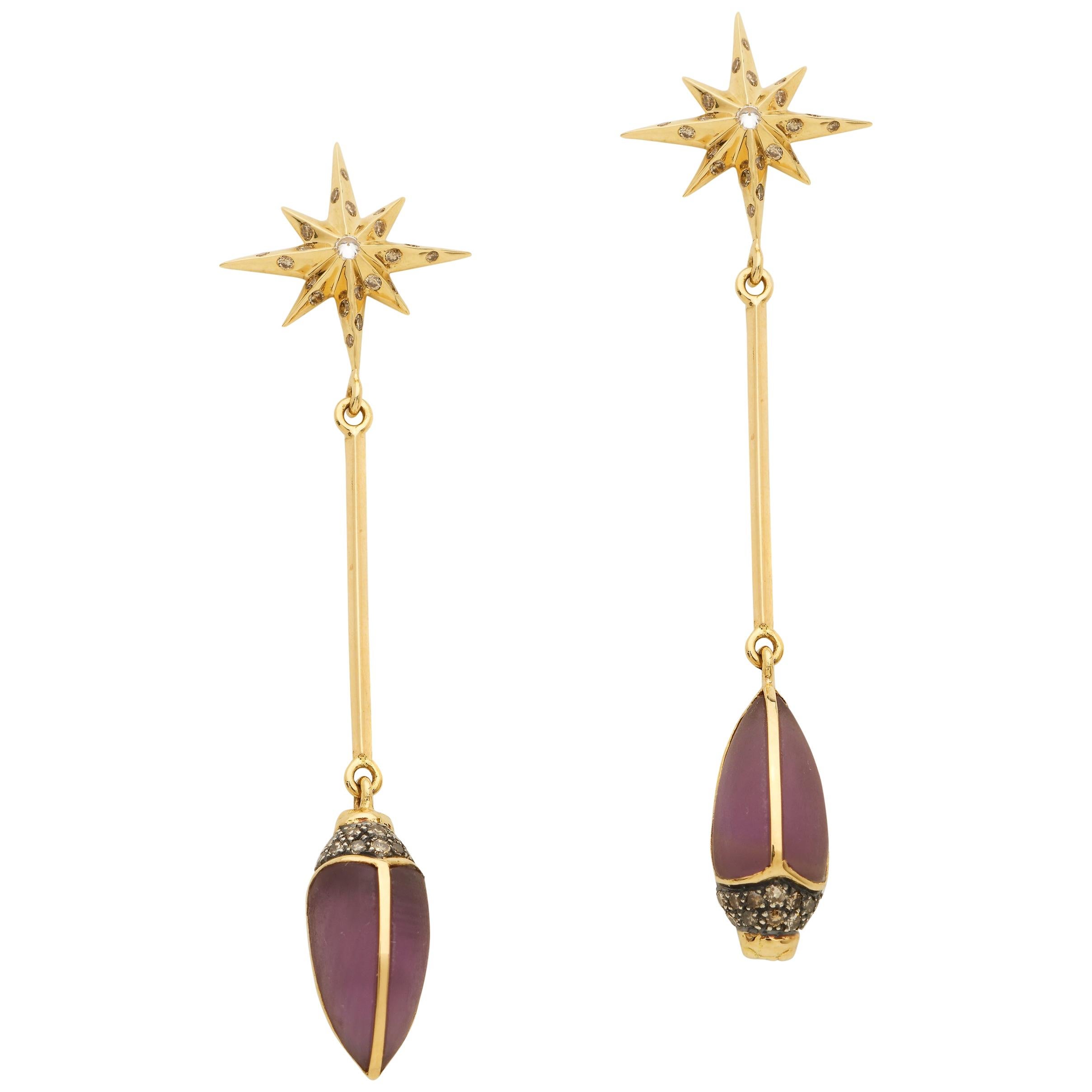 18 Karat Yellow Gold Stars with Diamonds and Amethyst Scarab Drop Earrings For Sale