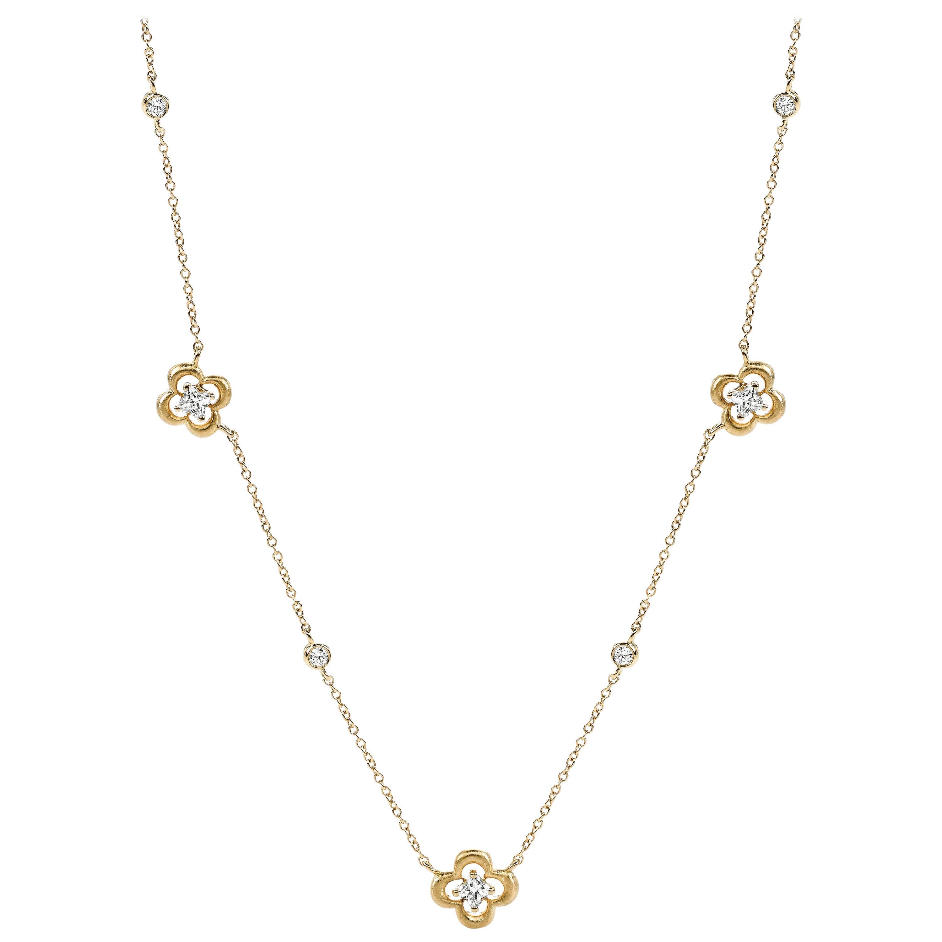 18 Karat Yellow Gold Station Diamond Flower Necklace 0.75 Carat Total For Sale