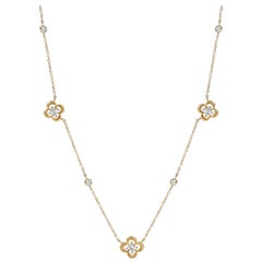 18 Karat Yellow Gold Station Diamond Flower Necklace 0.75 Carat Total
