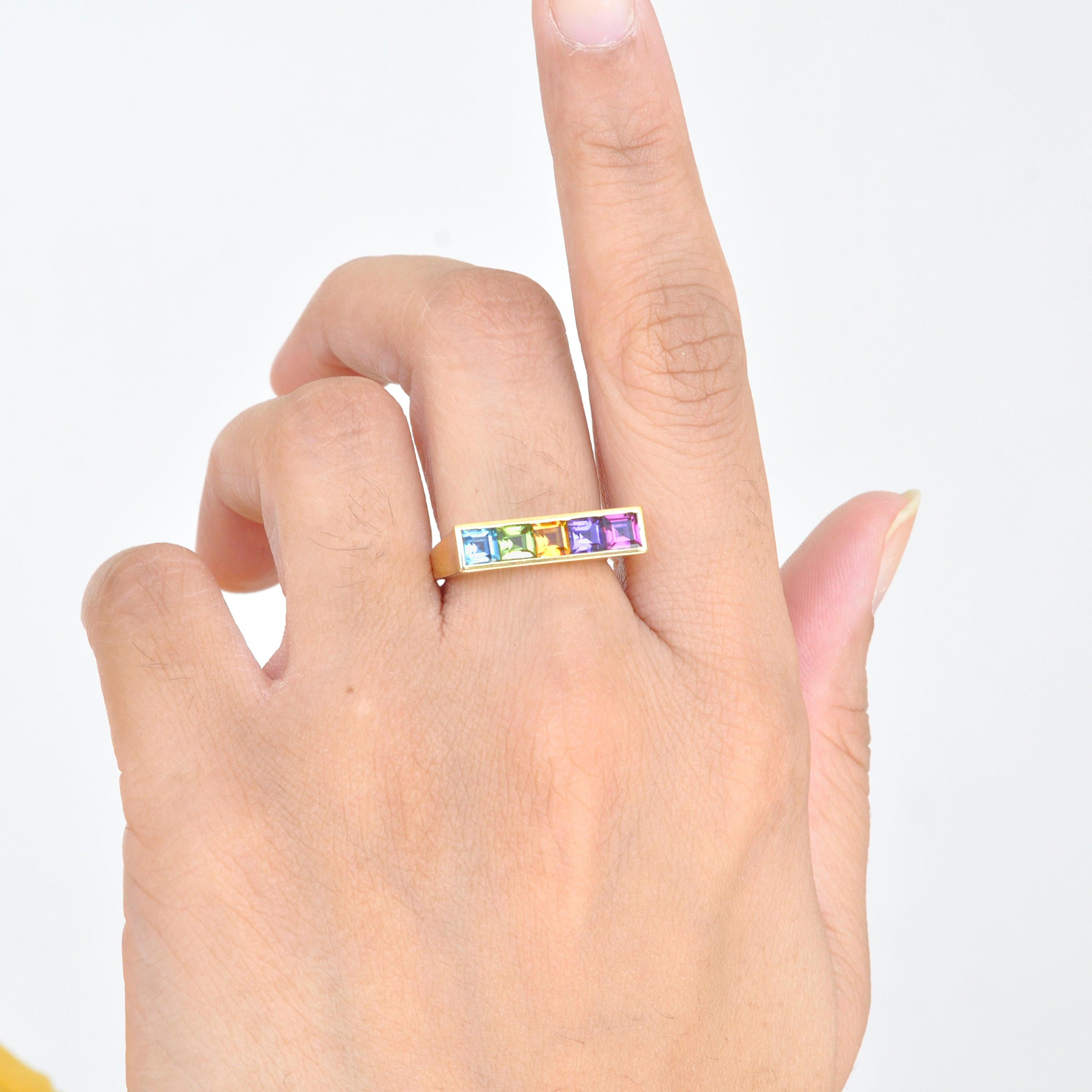 For Sale:  18 Karat Yellow Gold Step Cut Multicolour Gemstones Linear Rainbow Bar Band Ring 2