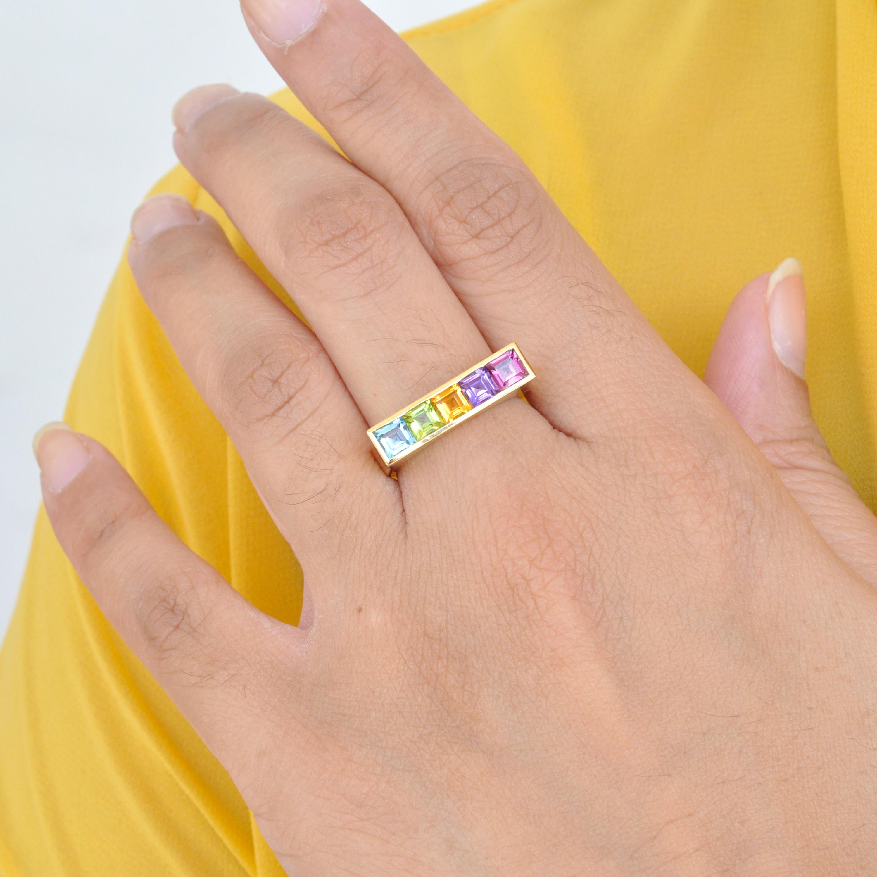 For Sale:  18 Karat Yellow Gold Step Cut Multicolour Gemstones Linear Rainbow Bar Band Ring 3