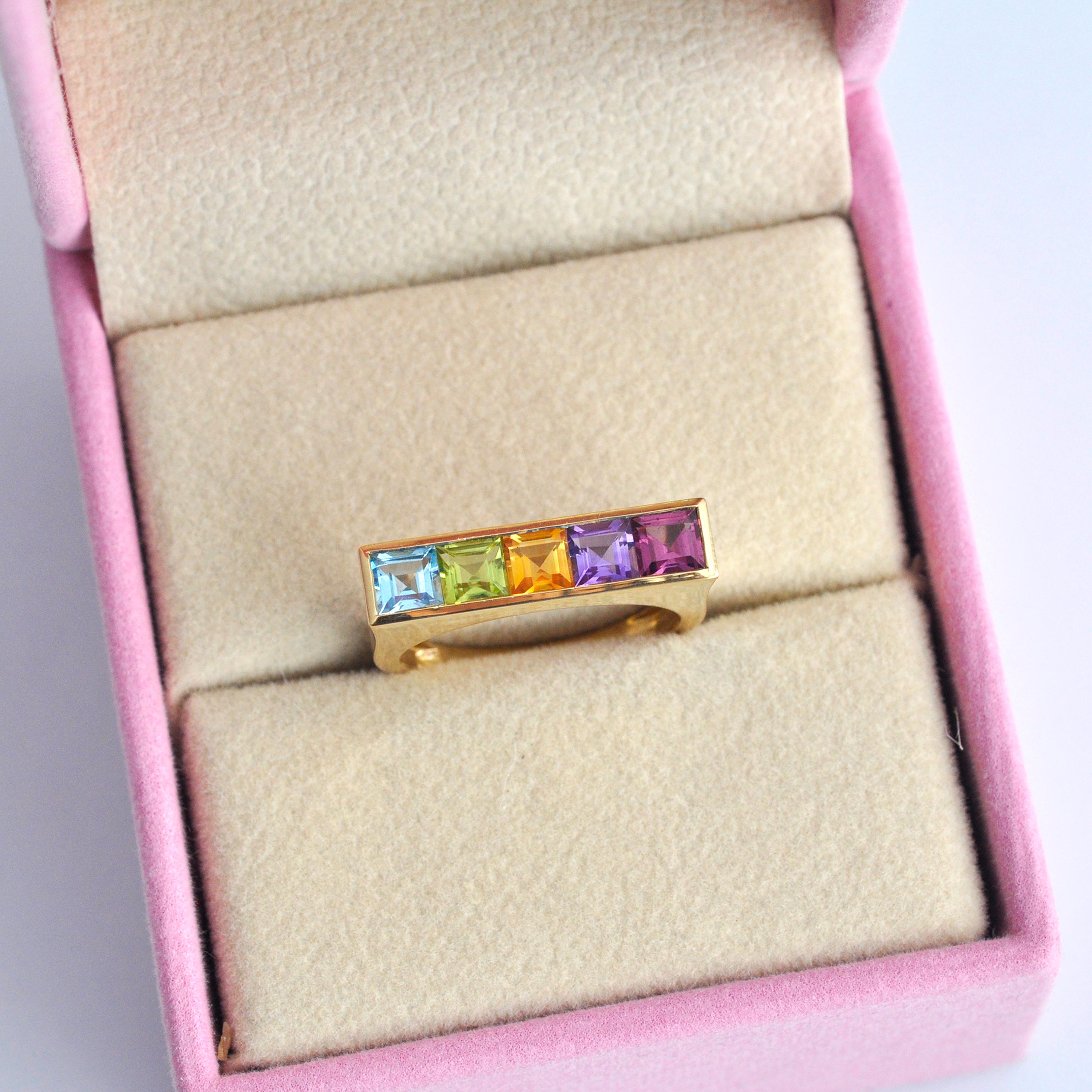 For Sale:  18 Karat Yellow Gold Step Cut Multicolour Gemstones Linear Rainbow Bar Band Ring 4