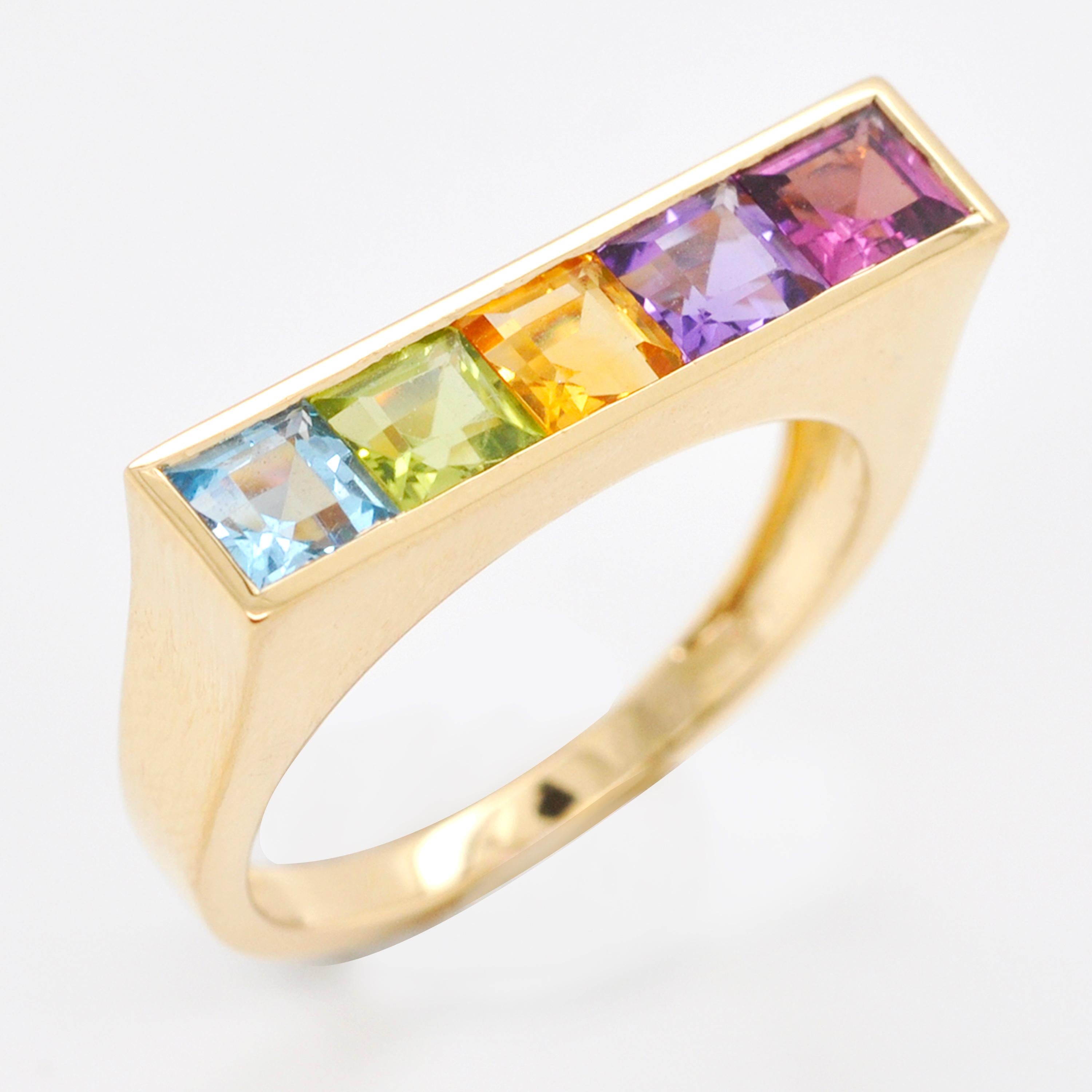 For Sale:  18 Karat Yellow Gold Step Cut Multicolour Gemstones Linear Rainbow Bar Band Ring 5