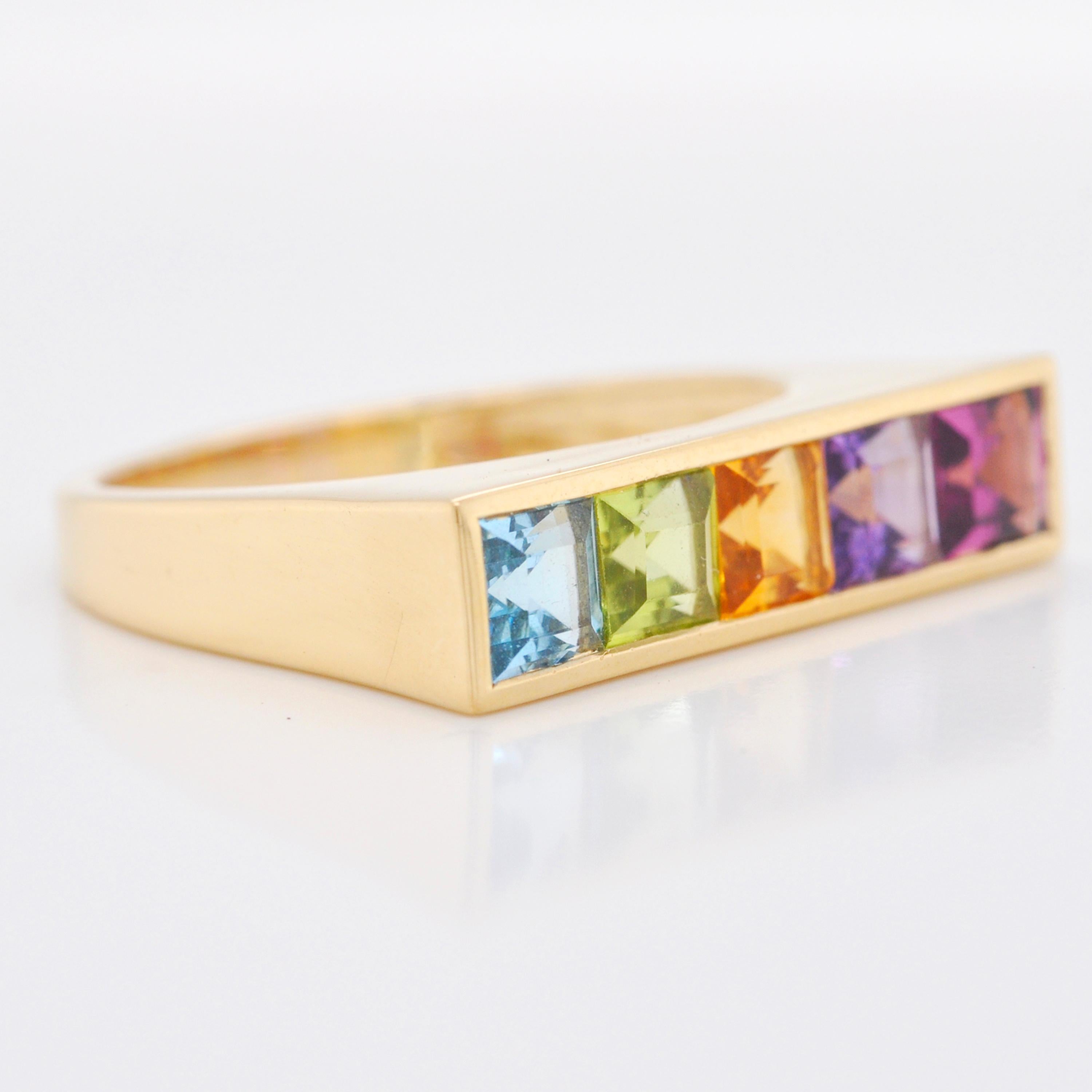 For Sale:  18 Karat Yellow Gold Step Cut Multicolour Gemstones Linear Rainbow Bar Band Ring 8