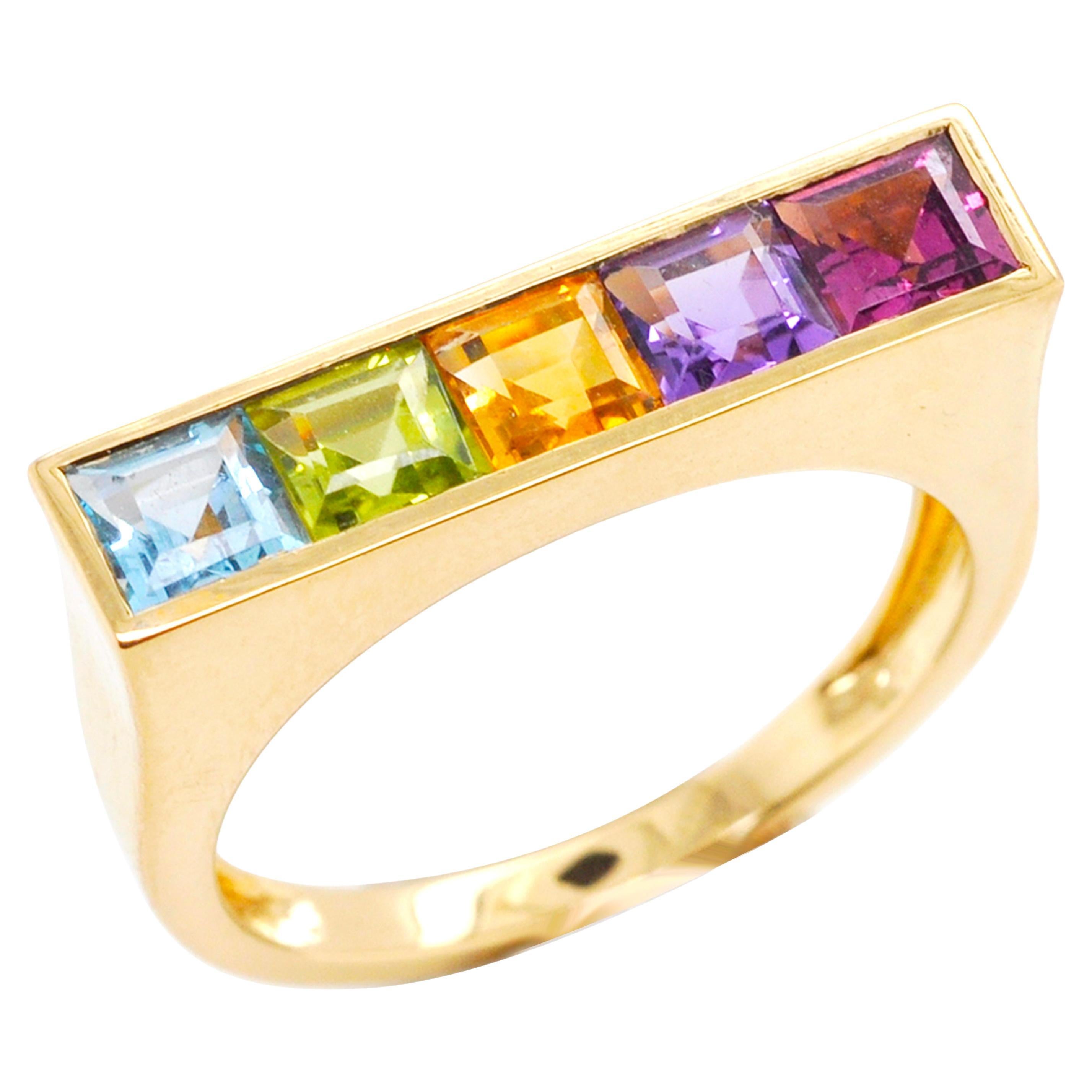 For Sale:  18 Karat Yellow Gold Step Cut Multicolour Gemstones Linear Rainbow Bar Band Ring