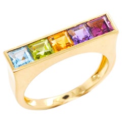 18 Karat Yellow Gold Step Cut Multicolour Gemstones Linear Rainbow Bar Band Ring