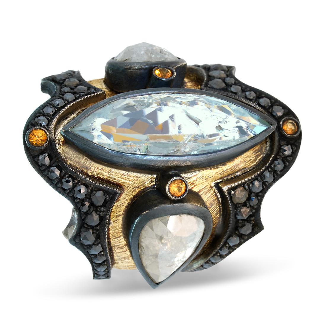 18 Karat Yellow Gold, Sterling Silver, Diamond and Aquamarine Medieval Ring For Sale 7