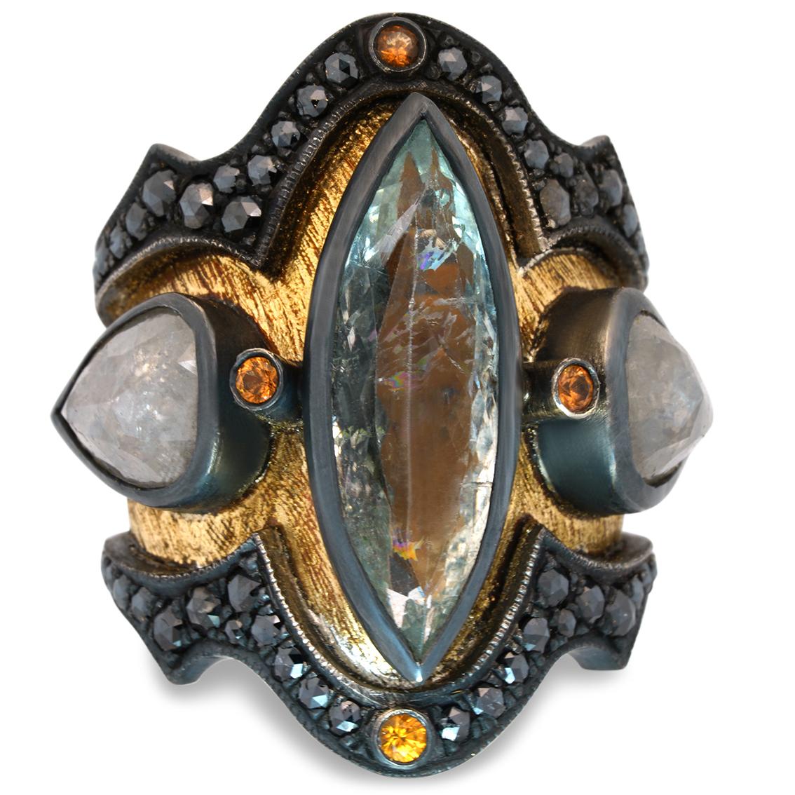 18 Karat Yellow Gold, Sterling Silver, Diamond and Aquamarine Medieval Ring For Sale 9