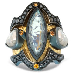 18 Karat Yellow Gold, Sterling Silver, Diamond and Aquamarine Medieval Ring