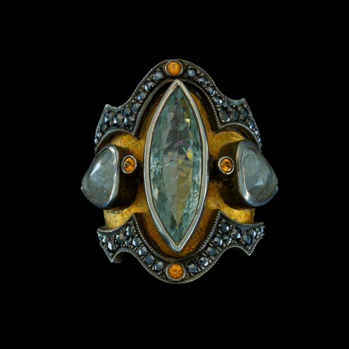 18 Karat Yellow Gold, Sterling Silver, Diamond and Aquamarine Medieval Ring In New Condition For Sale In Melbourne, Vic
