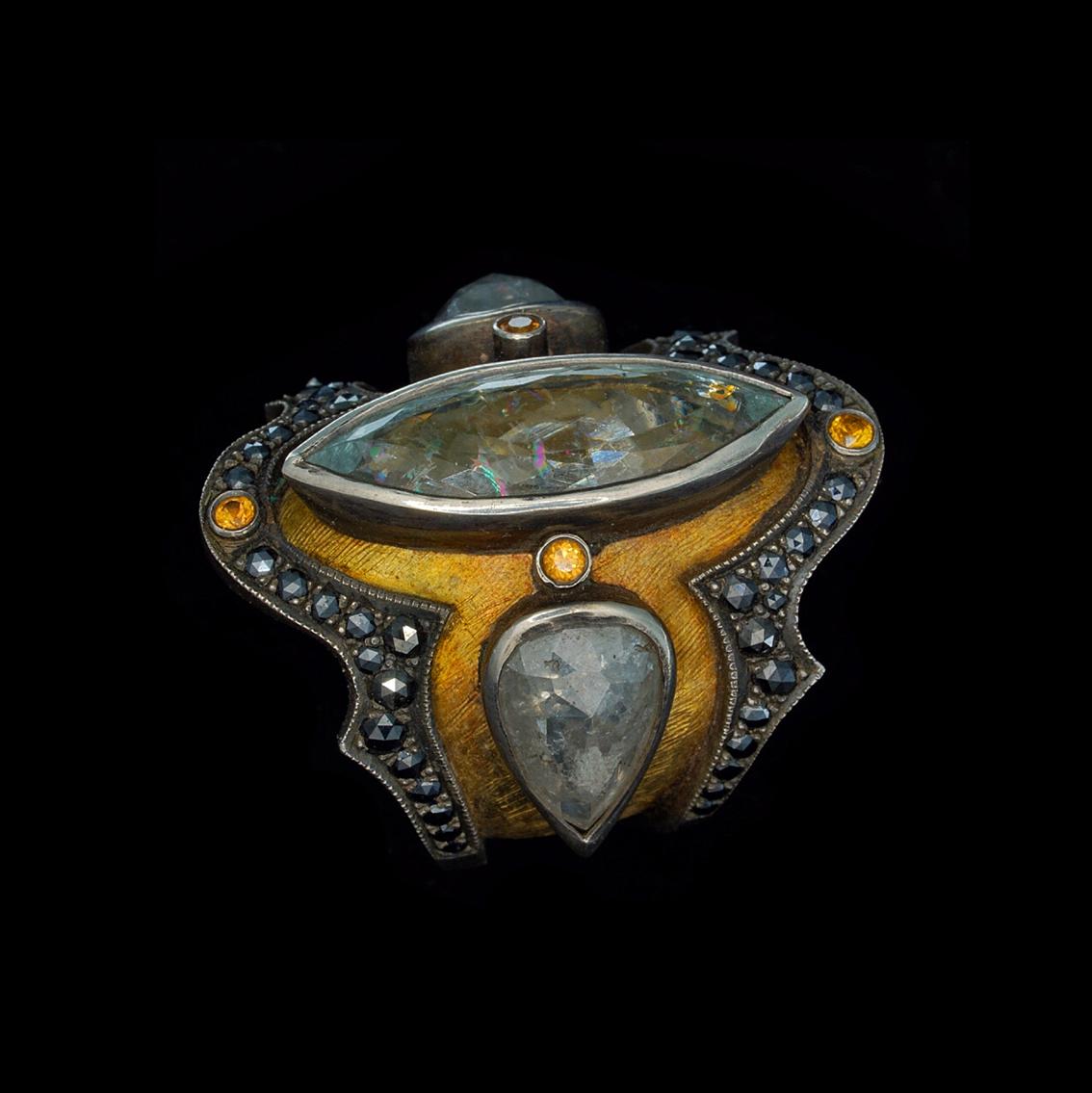 18 Karat Yellow Gold, Sterling Silver, Diamond and Aquamarine Medieval Ring For Sale 2