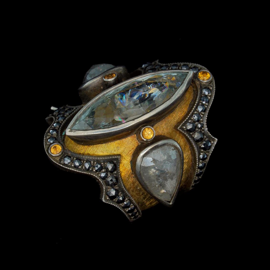 18 Karat Yellow Gold, Sterling Silver, Diamond and Aquamarine Medieval Ring For Sale 3