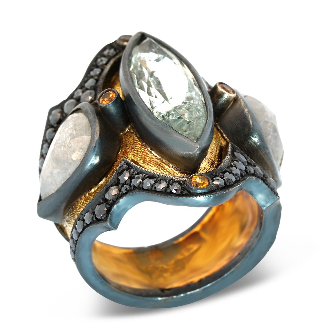 18 Karat Yellow Gold, Sterling Silver, Diamond and Aquamarine Medieval Ring