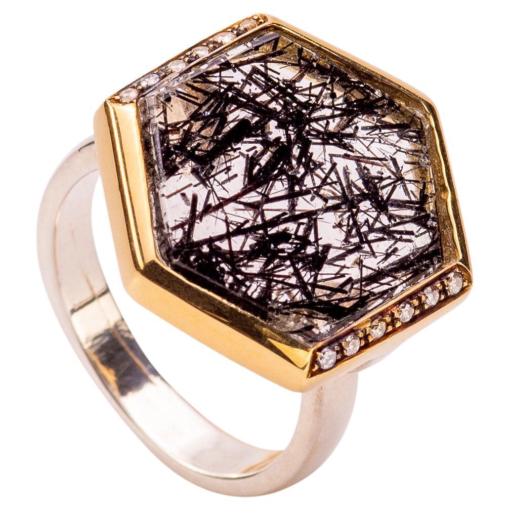 Unique Piece Tourmalineted Quartz Diamonds 18 Karat Gold Bezel Silver Bench Ring For Sale