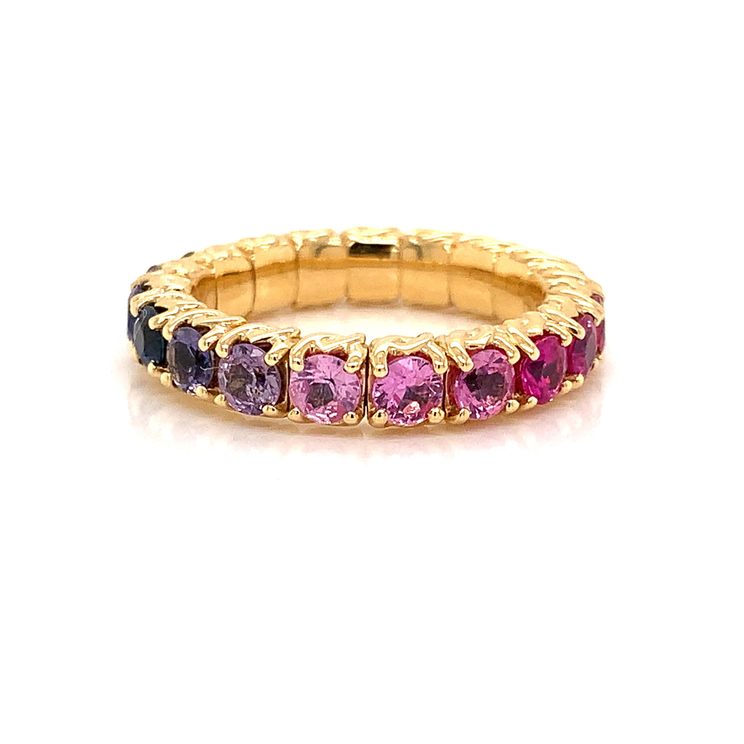 Round Cut 18 Karat Yellow Gold Stretchy Ring with Multicolor Sapphires