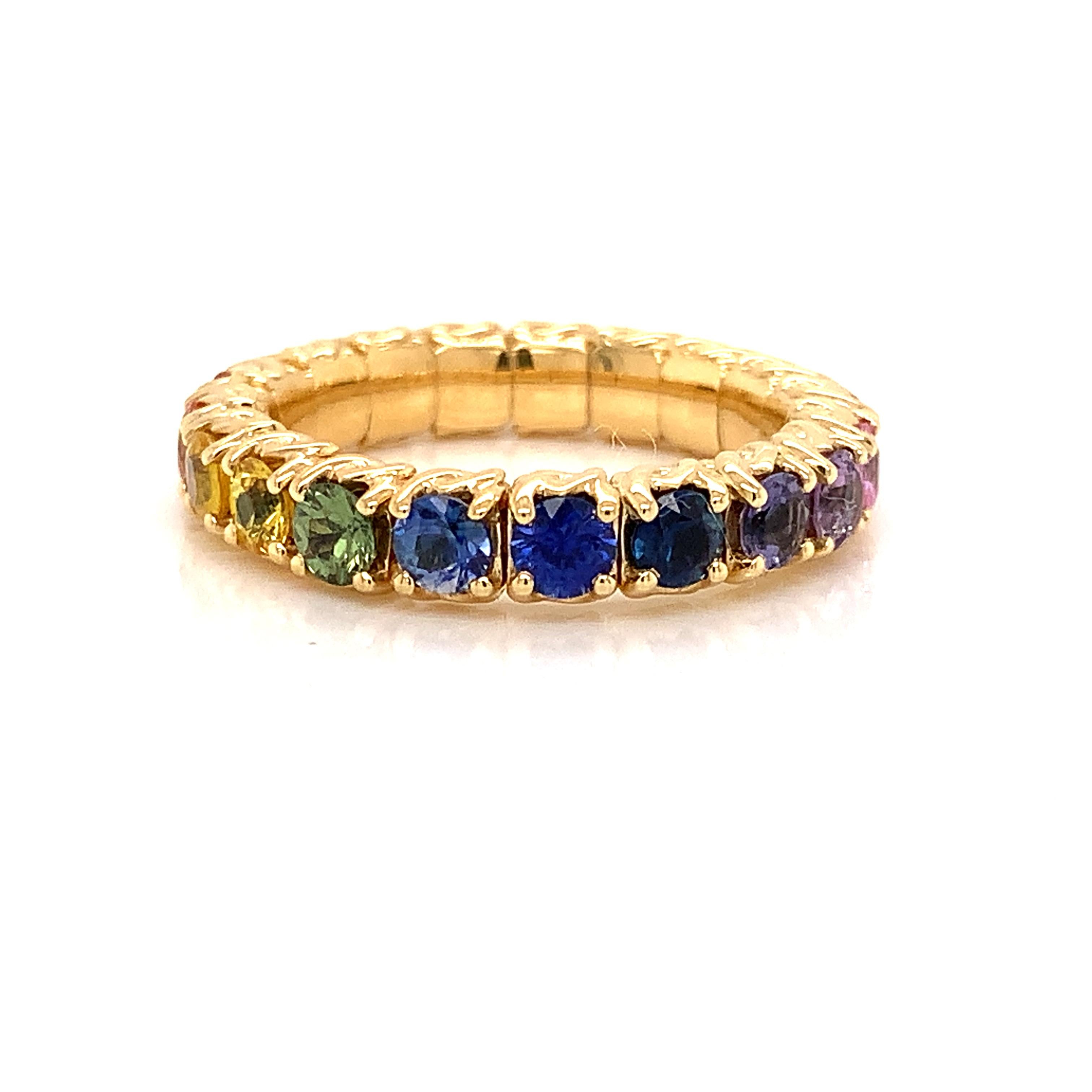Women's 18 Karat Yellow Gold Stretchy Ring with Multicolor Sapphires