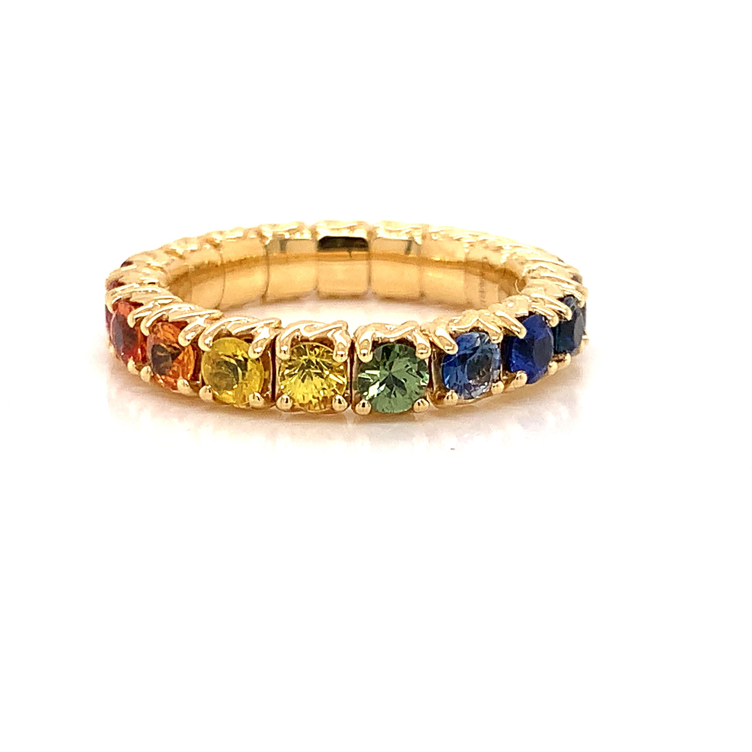 18 Karat Yellow Gold Stretchy Ring with Multicolor Sapphires 1