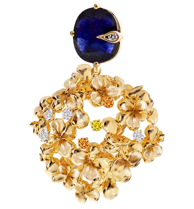 These contemporary 18 karat yellow gold Hortensia cocktail stud dimensional earrings are encrusted with oval blue sapphires, diamonds, and detachable flowers parts with diamonds and yellow and orange sapphires. This jewellery collection was featured