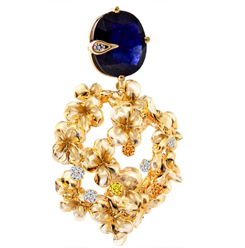 Zeitgenössische dimensionale Ohrringe aus Gelbgold mit Saphiren und Diamanten (Achteckschliff) im Angebot