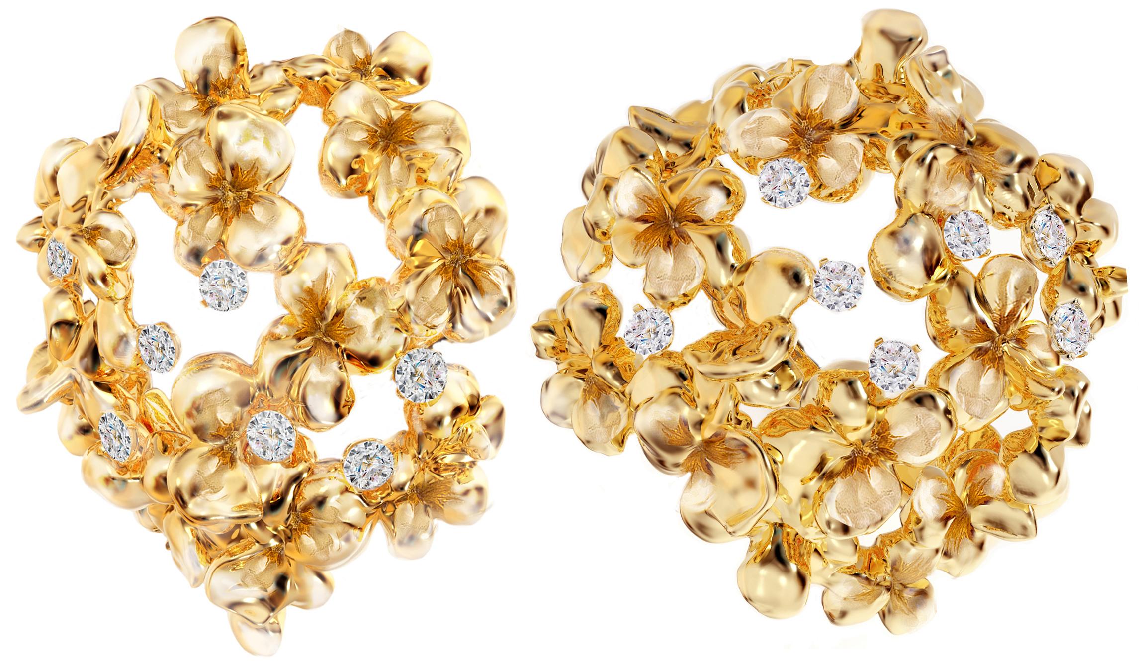 Zeitgenössische dimensionale Ohrringe aus Gelbgold mit Saphiren und Diamanten im Angebot 1