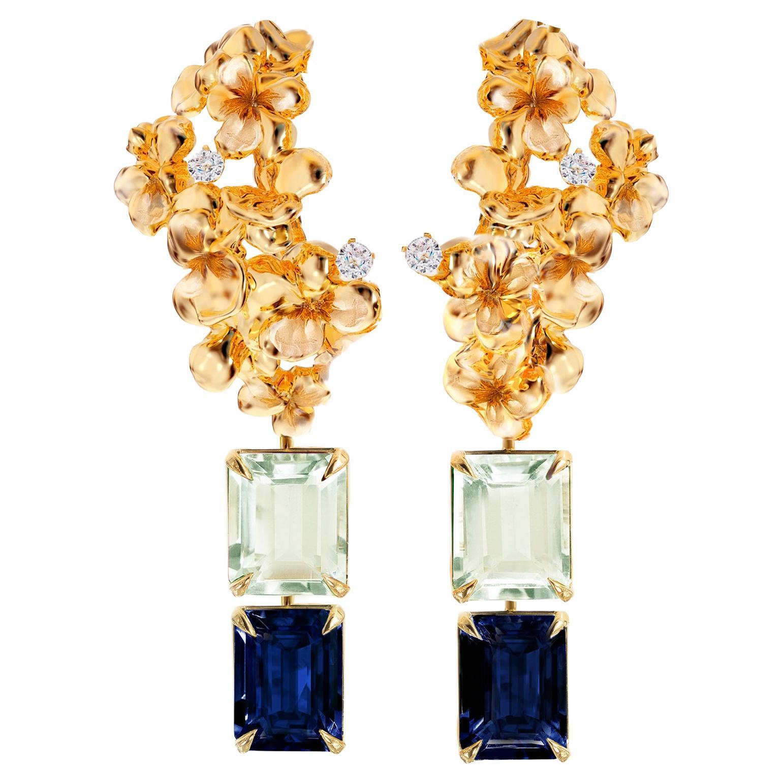 Eighteen Karat Yellow Gold Dangle Earrings with Diamonds and Sapphires For Sale