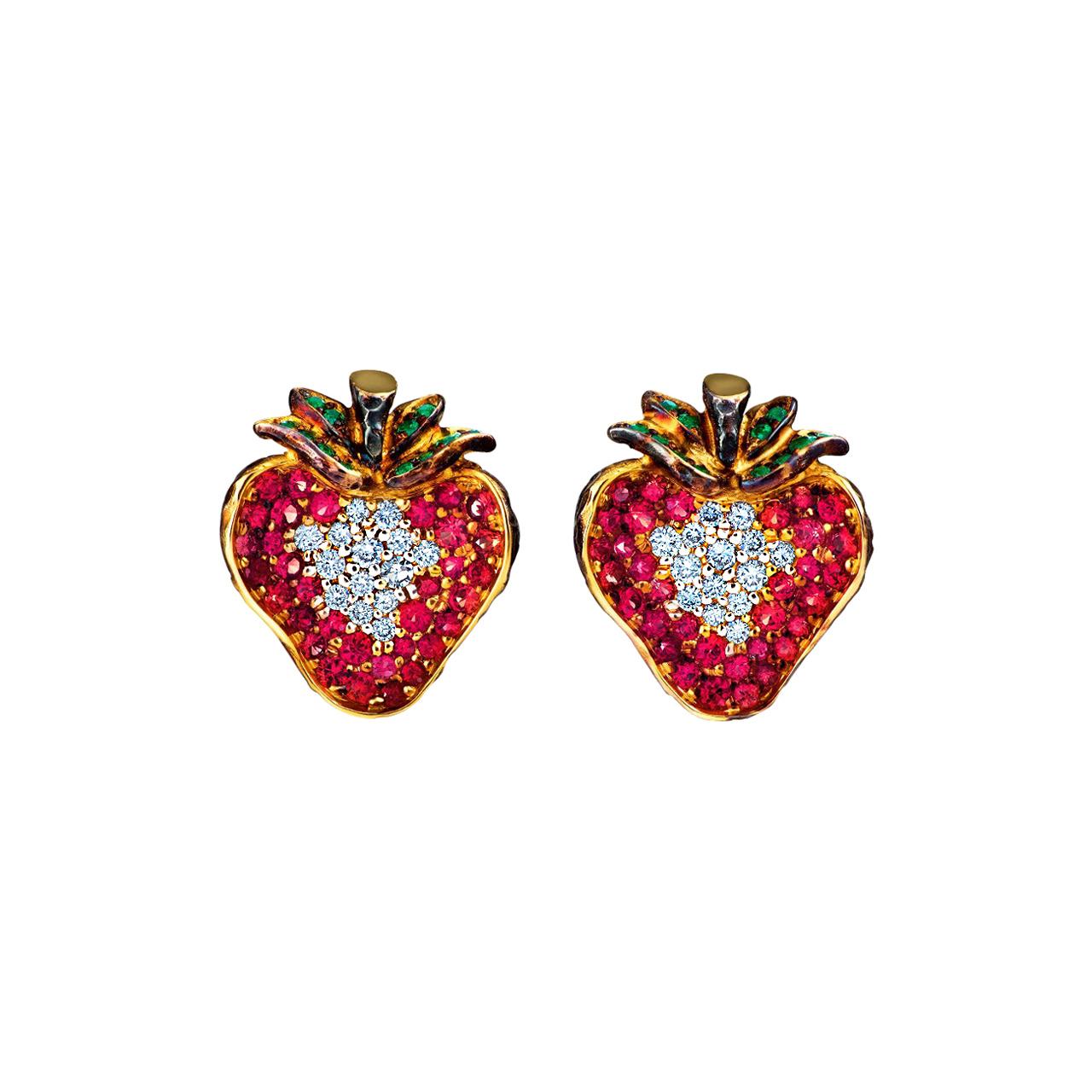 18 Karat Yellow Gold Stud Earrings with Diamonds Tsavorites and Pink Sapphires For Sale