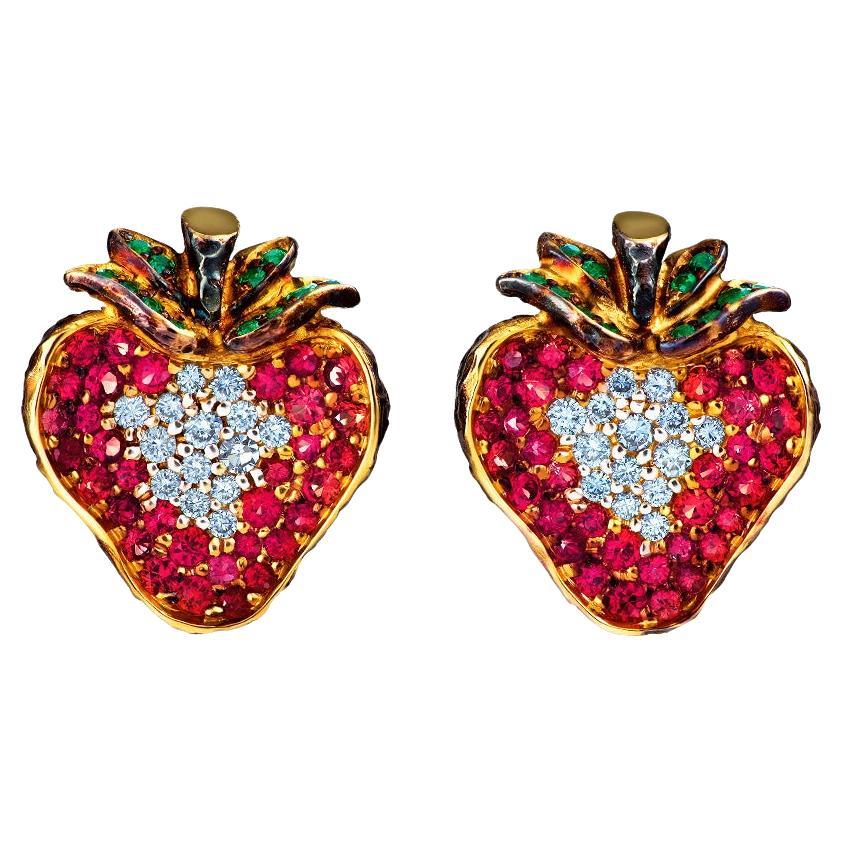 18 Karat Yellow Gold Stud Earrings with Diamonds Tsavorites and Pink Sapphires