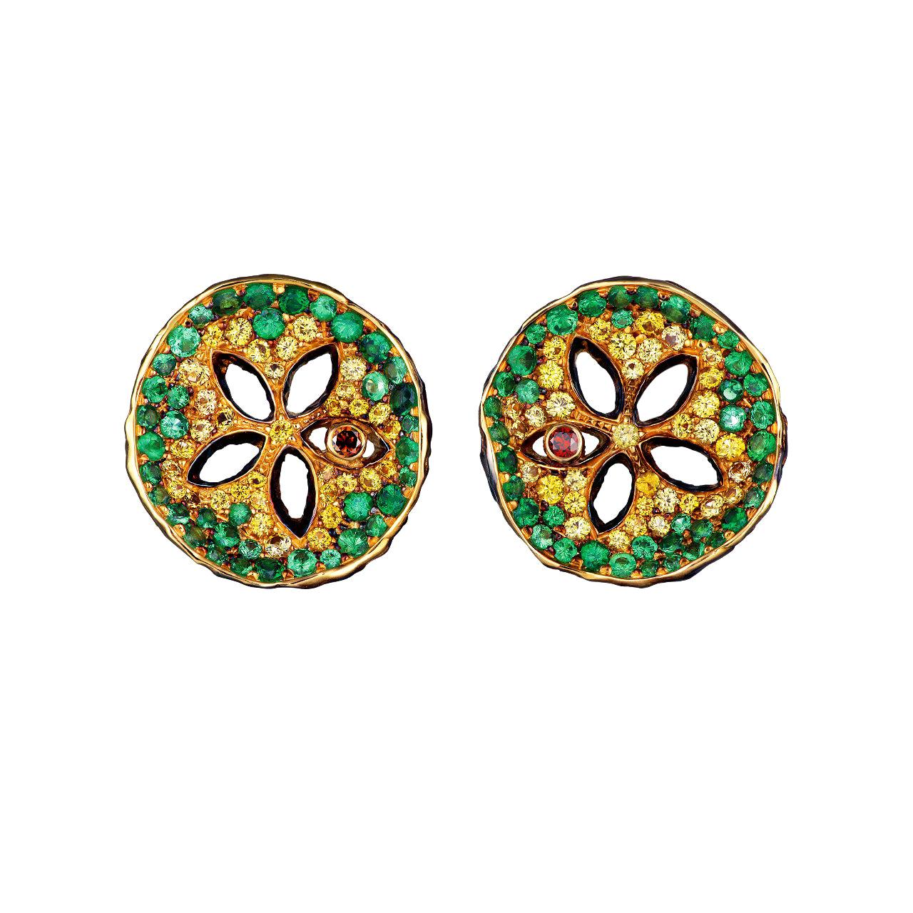 18 Karat Yellow Gold Stud Earrings with Diamonds Tsavorites and Yellow Sapphires For Sale