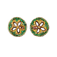 18 Karat Yellow Gold Stud Earrings with Diamonds Tsavorites and Yellow Sapphires