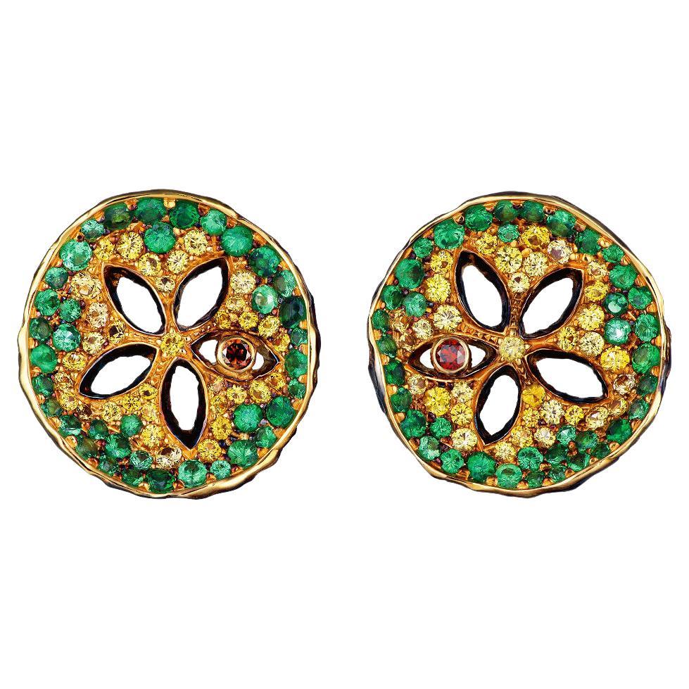 18 Karat Yellow Gold Stud Earrings with Diamonds Tsavorites and Yellow Sapphires