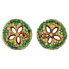 18 Karat Yellow Gold Stud Earrings with Diamonds Tsavorites and Yellow Sapphires