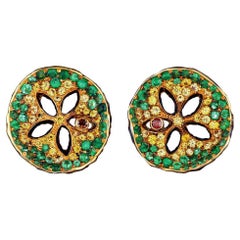 18 Karat Yellow Gold Stud Earrings with Diamonds Tsavorites and Yellow Sapphires