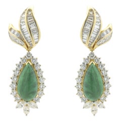 18 Karat Yellow Gold Sugarloaf Emerald and Diamond Drop Earrings
