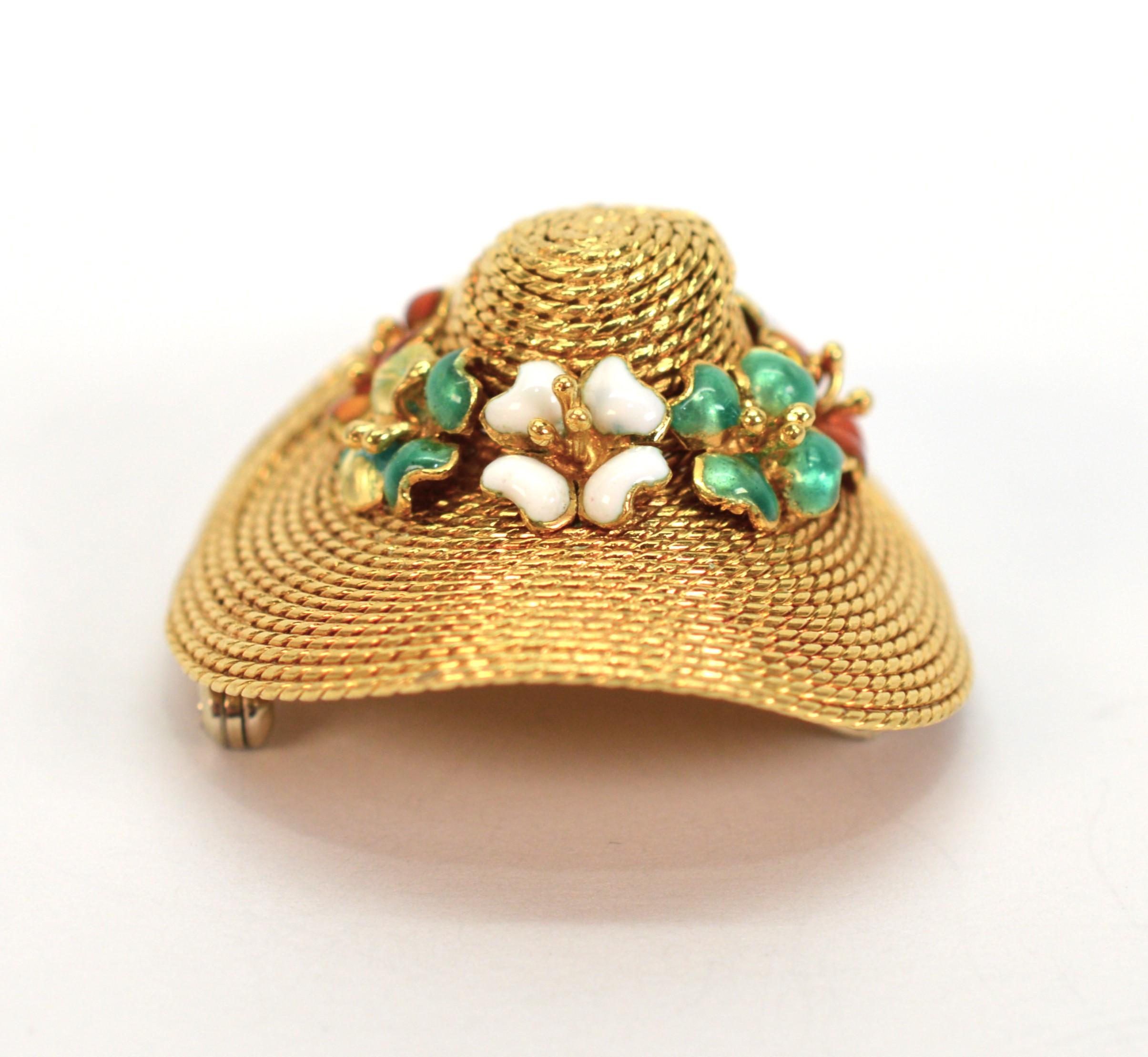 Women's 18 Karat Yellow Gold Sun Bonnet Hat Brooch with Enamel Floral Accents For Sale