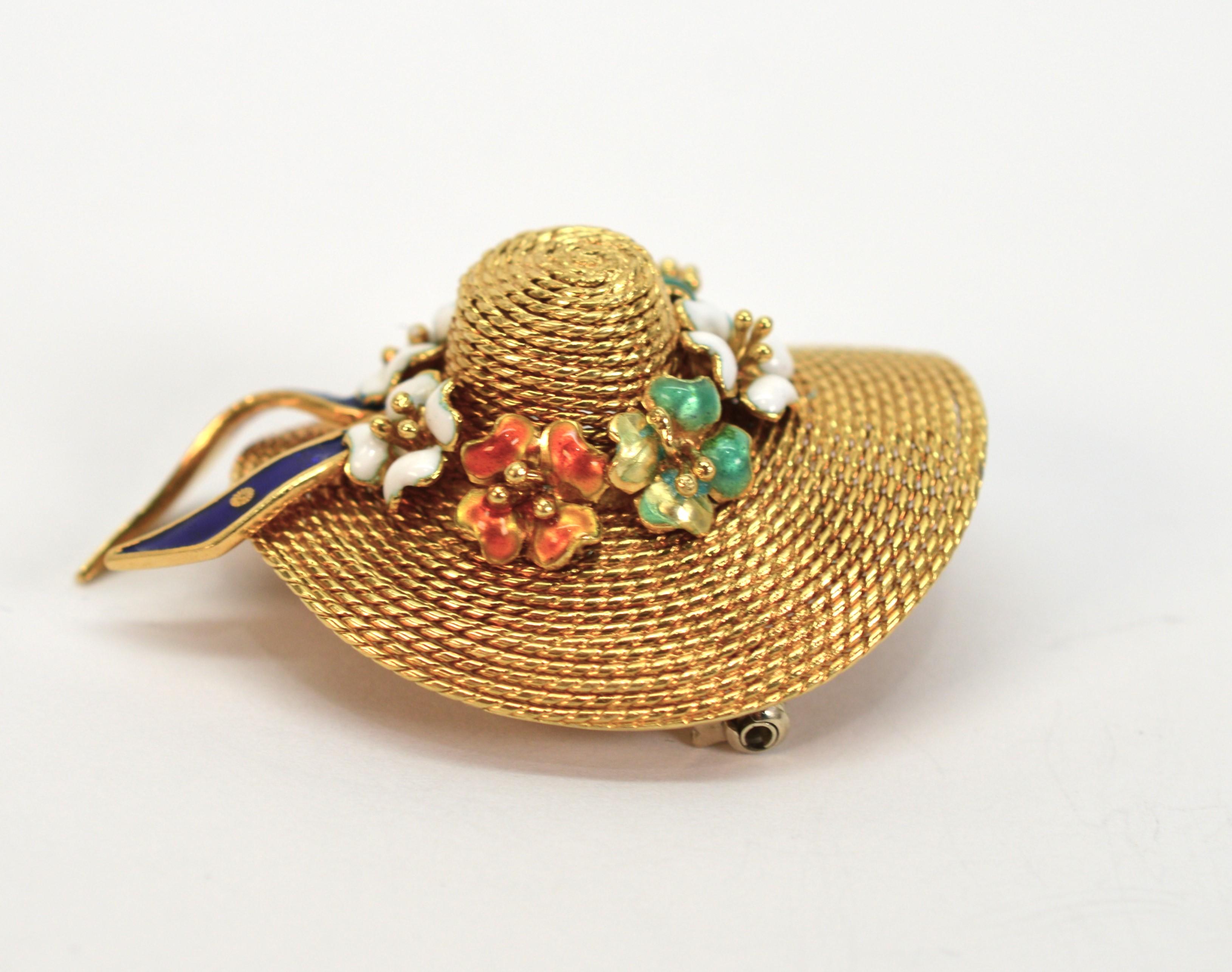 18 Karat Yellow Gold Sun Bonnet Hat Brooch with Enamel Floral Accents For Sale 1