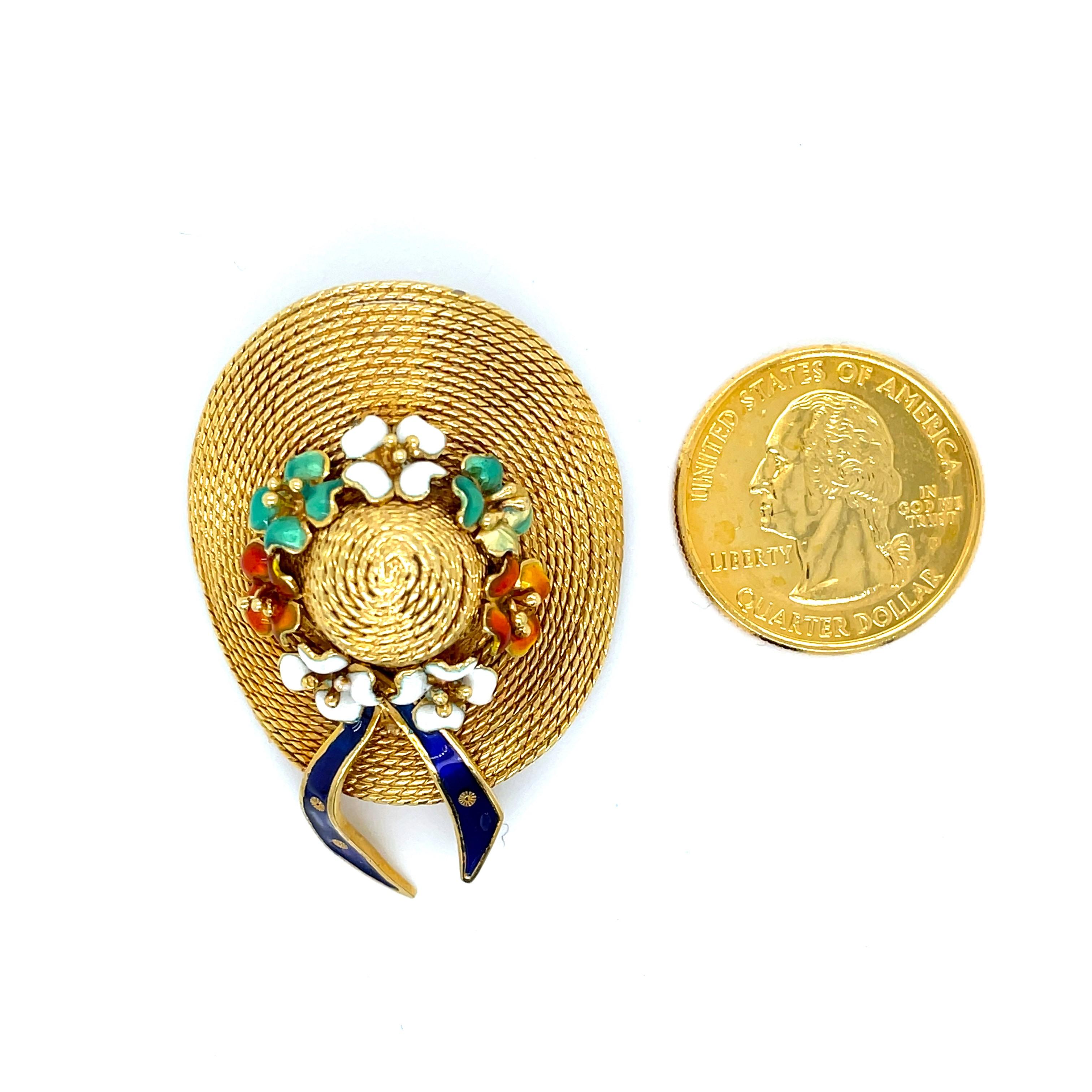 18 Karat Yellow Gold Sun Bonnet Hat Brooch with Enamel Floral Accents For Sale 3