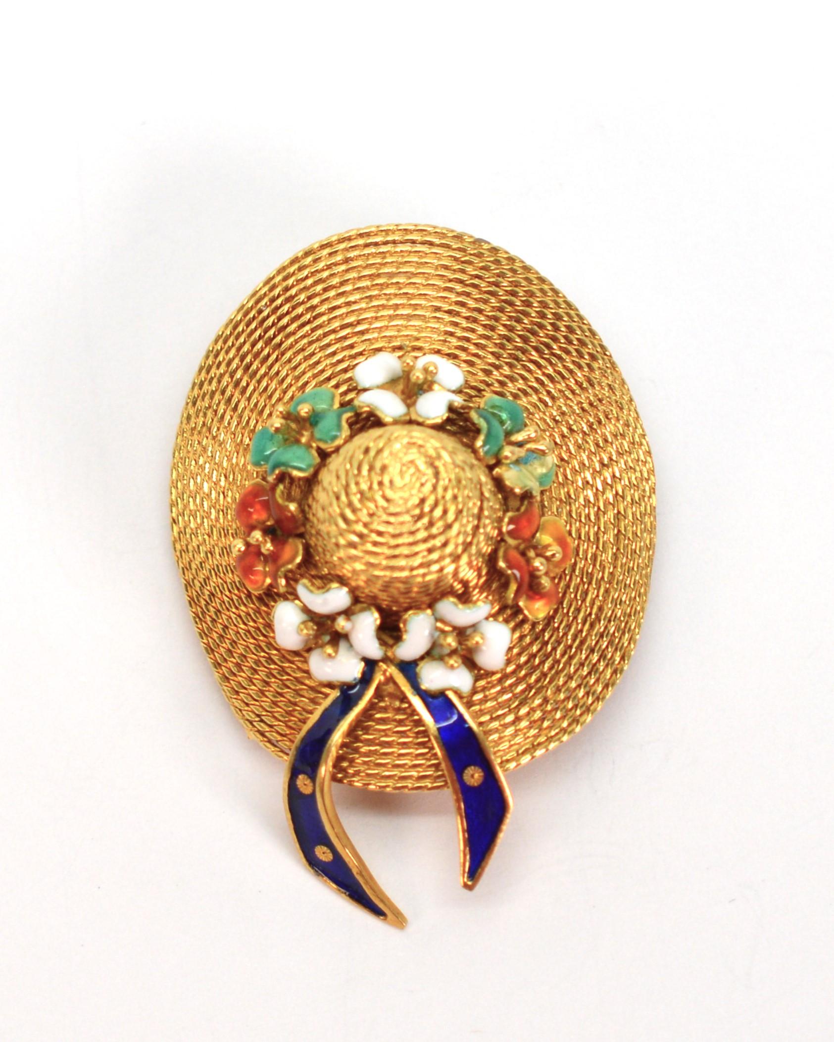 18 Karat Yellow Gold Sun Bonnet Hat Brooch with Enamel Floral Accents For Sale 4
