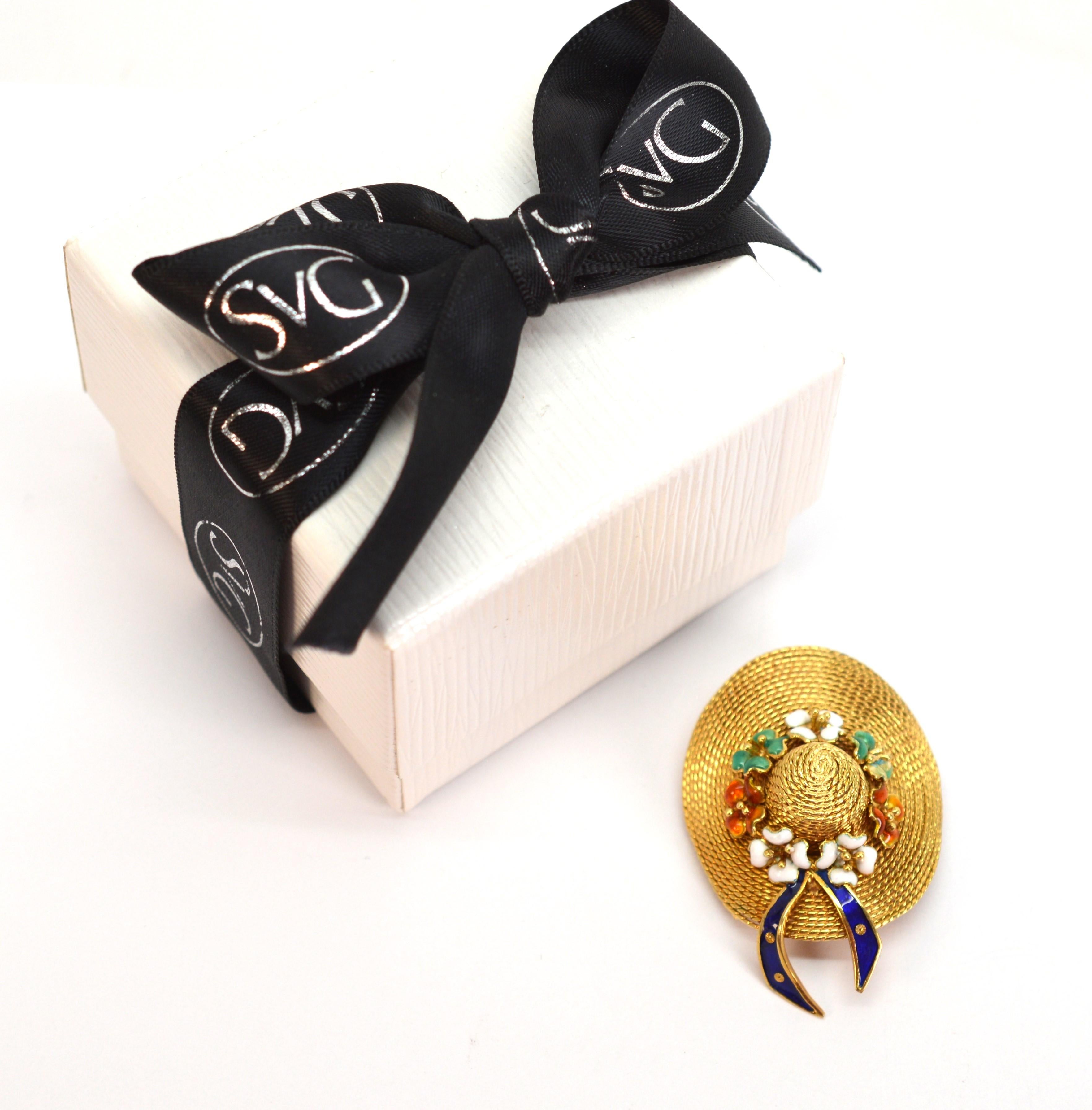 18 Karat Yellow Gold Sun Bonnet Hat Brooch with Enamel Floral Accents For Sale 5