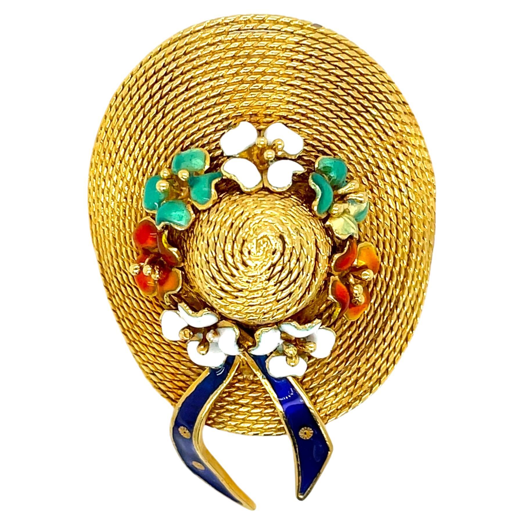 18 Karat Yellow Gold Sun Bonnet Hat Brooch with Enamel Floral Accents