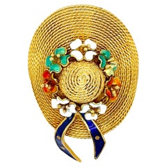 18 Karat Yellow Gold Sun Bonnet Hat Brooch with Enamel Floral Accents
