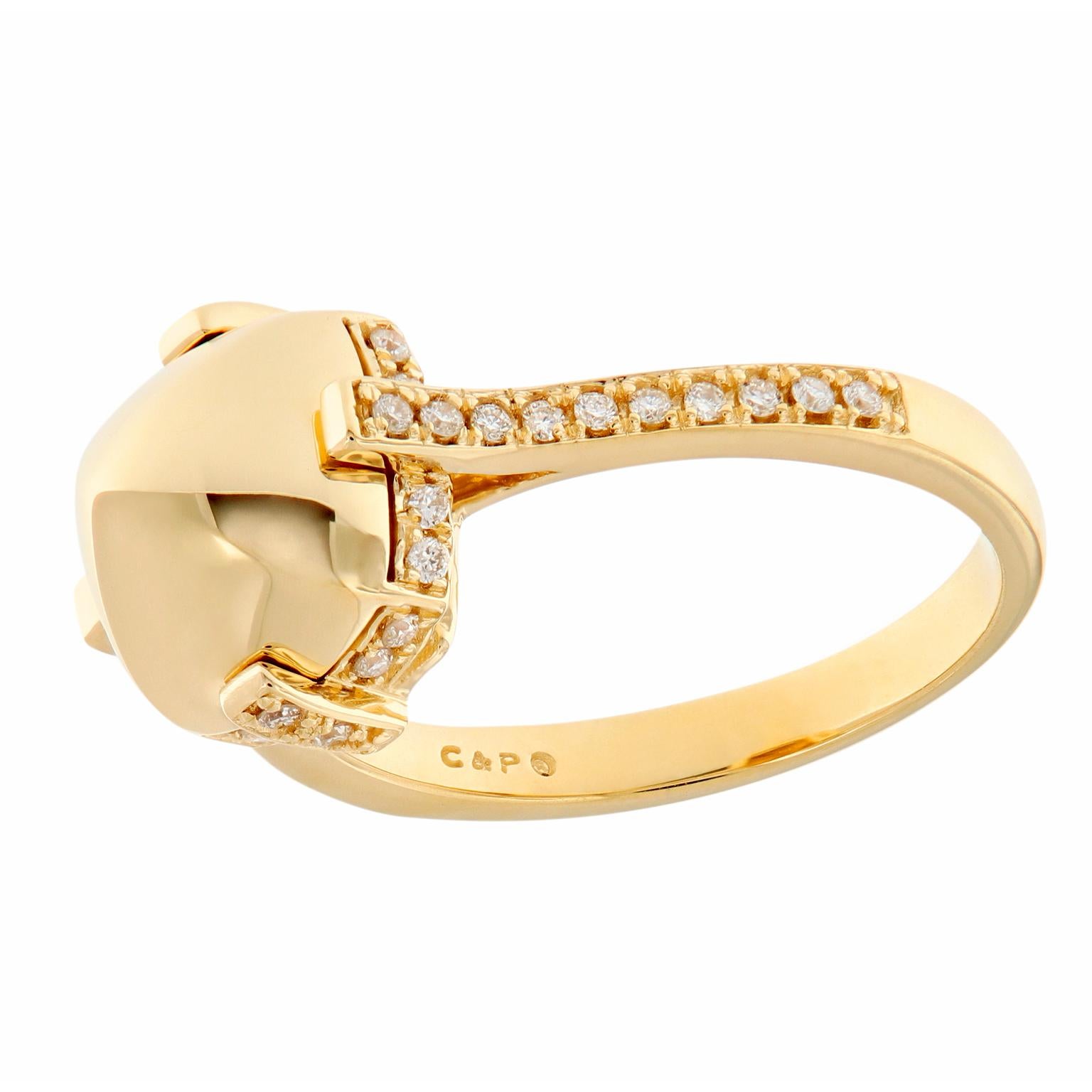 GOSHWARA is a term used to describe a perfect shape. Forming a silhouette of perfect proportions, this striking 18k yellow gold and iconic surgarloaf shaped ring is accented with a halo of pave set diamonds and a diamond studded band. Ring size