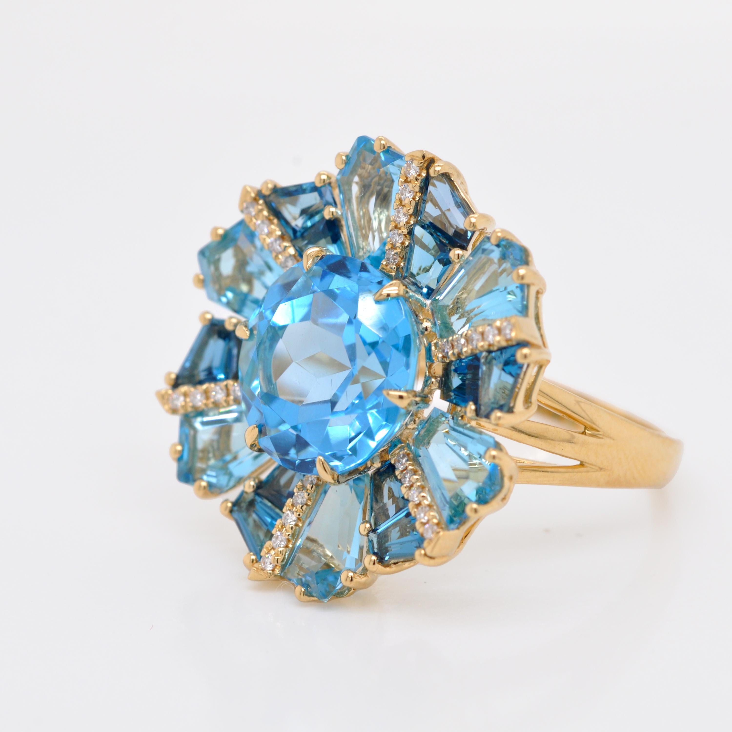 Oro giallo 18 carati Topazio Blu Svizzero London Topazio Blu Diamante Anello Cocktail 5