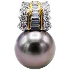 18 Karat Yellow Gold Tahitian Pearl and 1 Carat Diamond Pendant